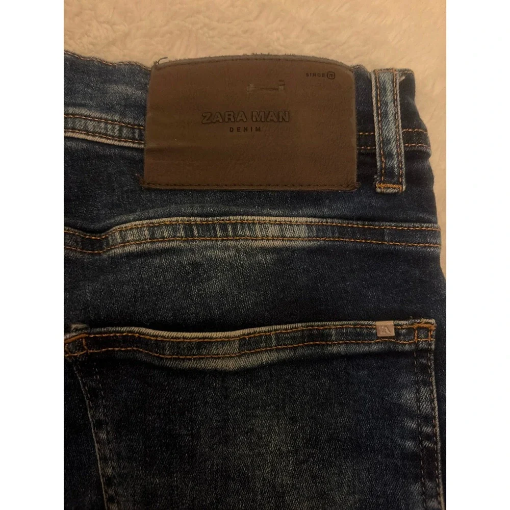 Retro skinny Zara Man Moto Biker Jeans Dark Wash Blue Ribbed Knee Zipper Size 32